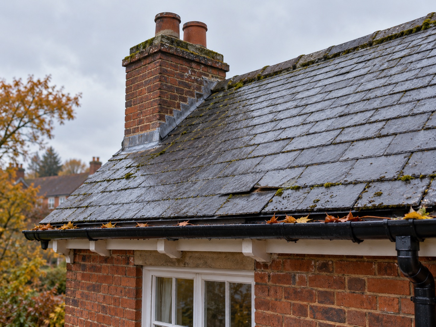 Weathered slate roof with a chimney, lead flashing and leaves in the gutter