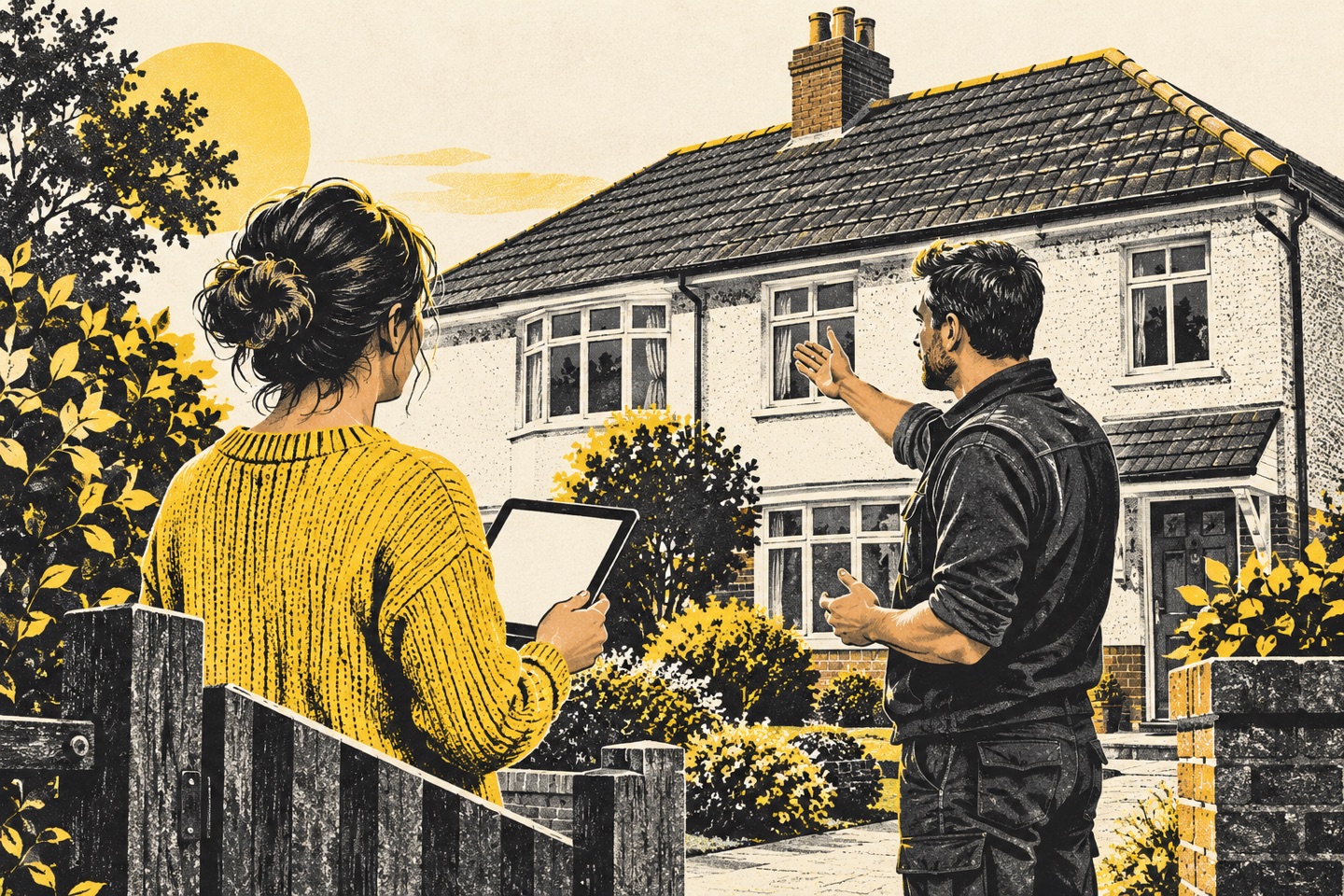 Print-style illustration of a homeowner and roofer discussing a tiled roof from a garden