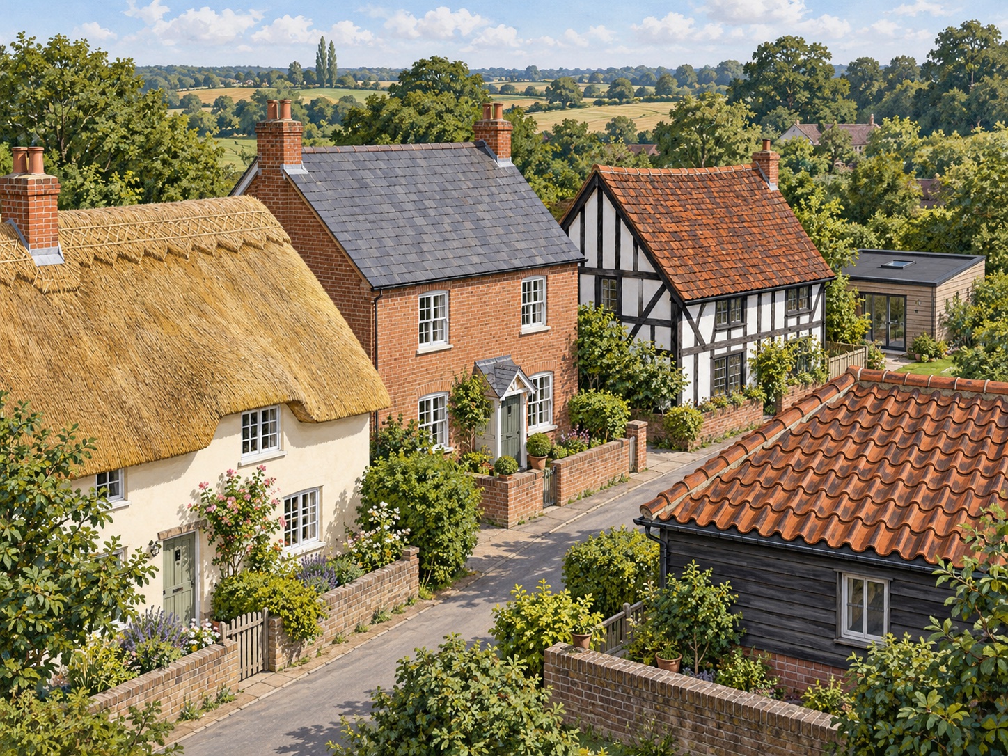 Architectural illustration of a fictional Suffolk village with thatch, clay tiles, slate and a modern flat-roofed extension